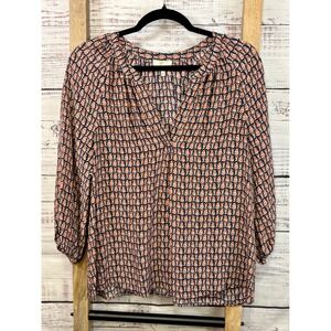 Joie 100% Silk V-Neck Blouse Navy Blue Coral Floral Print 3/4 Sleeve Top Small